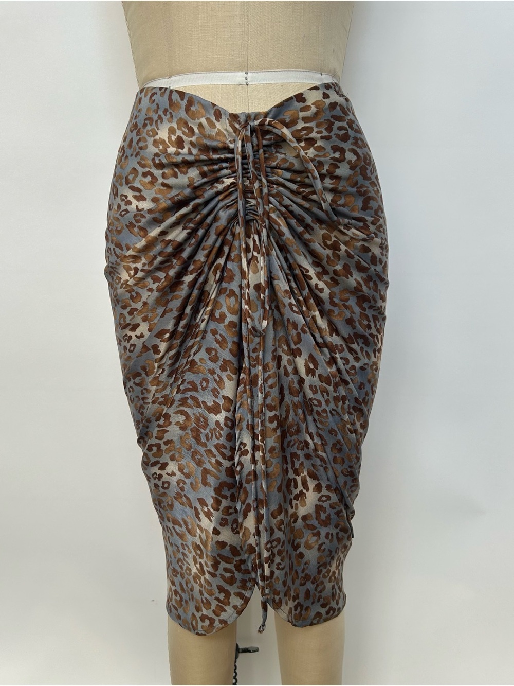 Miou Muse Leopard Satin Pencil Skirt in Gray & Brown